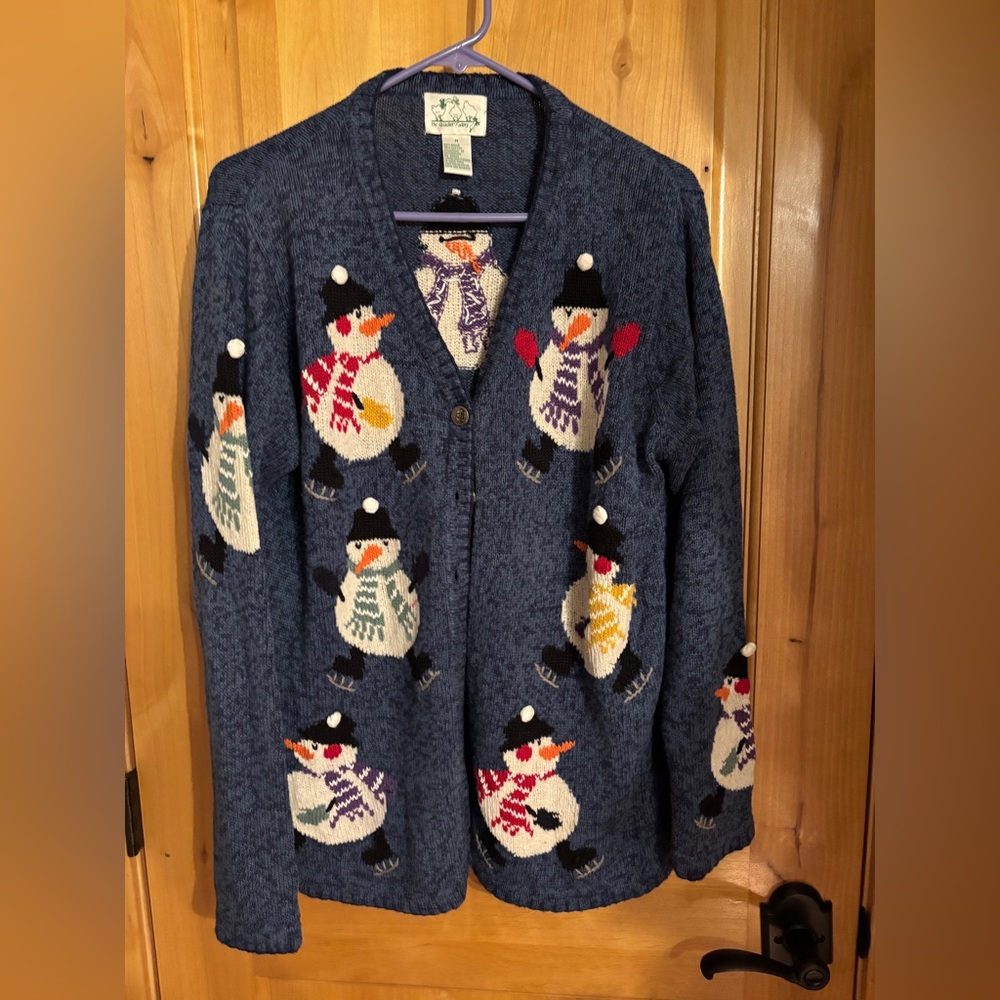 Quacker Factory Christmas Blue Cardigan with Snowmen